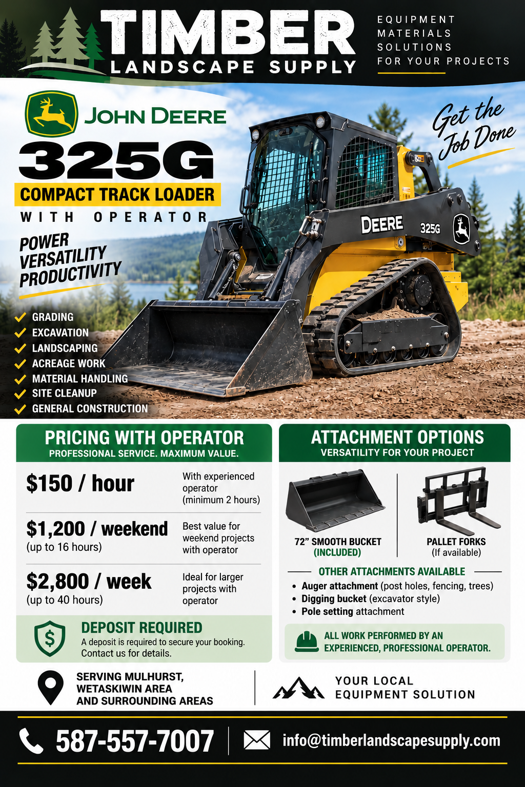 John Deere 325G compact track loader with operator — Timber Landscape Supply